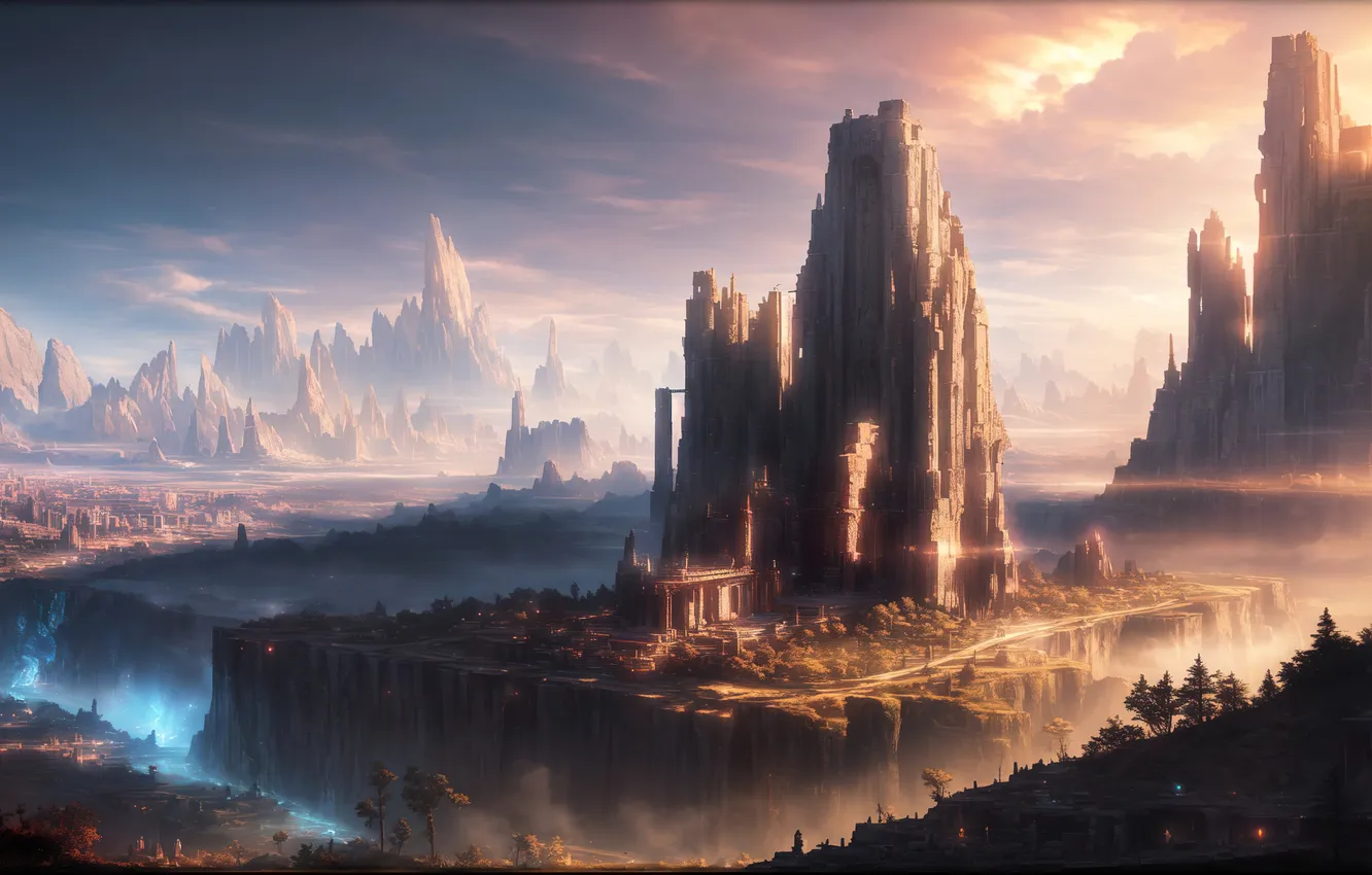 Фото обои sky, landscape, art, fantastic, digital art, ancient ruin, mount, Futuristic
