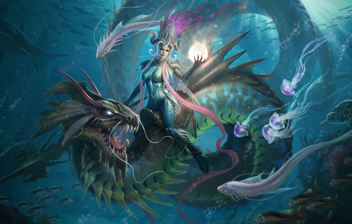Фото обои девушка, рыбы, магия, дракон, шар, арт, медузы, копье