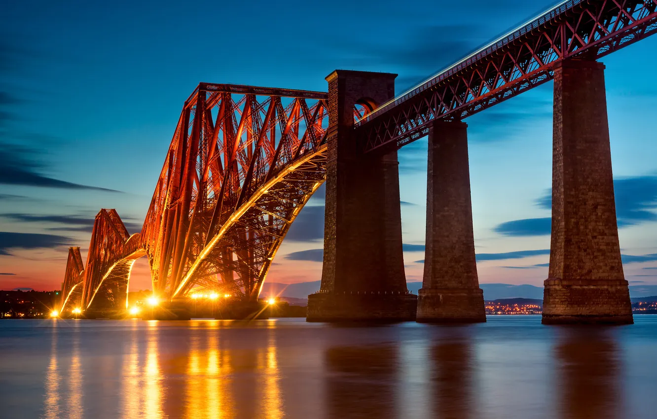 Фото обои мост, город, огни, вечер, Шотландия, залив, Scotland, Эдинбург