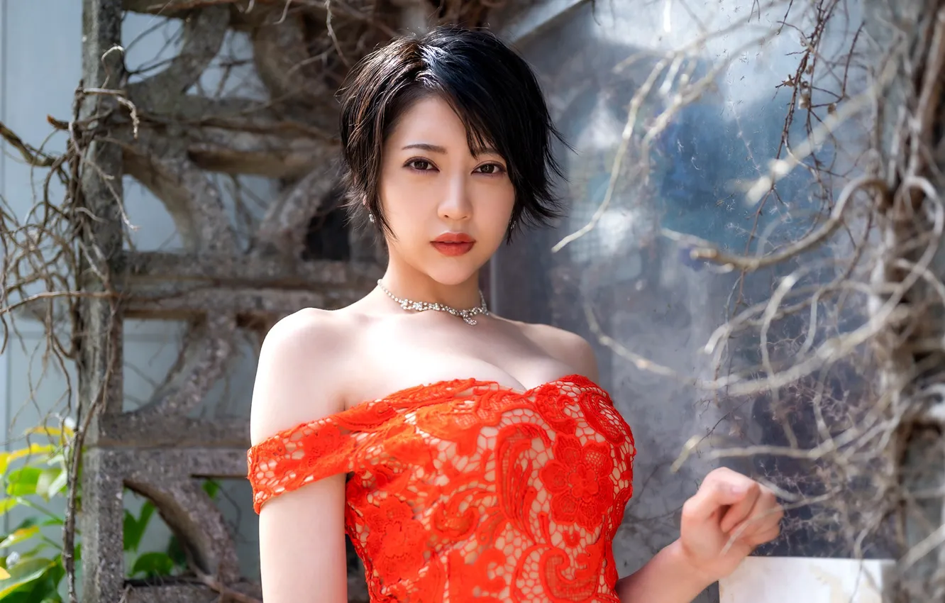 Фото обои Beautiful, Asian, Model, Woman, Pretty, Japanese, Red Dress, Outdoor
