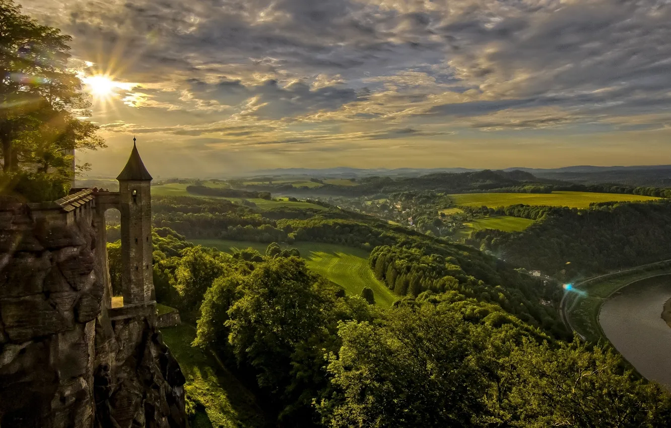 Фото обои закат, река, поля, Германия, панорама, Germany, Саксония, Saxony