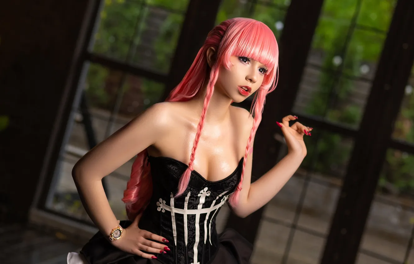 Фото обои pink hair, twintails, women, black dress, Penka Rui, Mihesh Ari