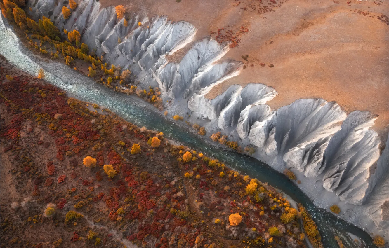 Фото обои river, trees, autumn, cliffs, aerial view