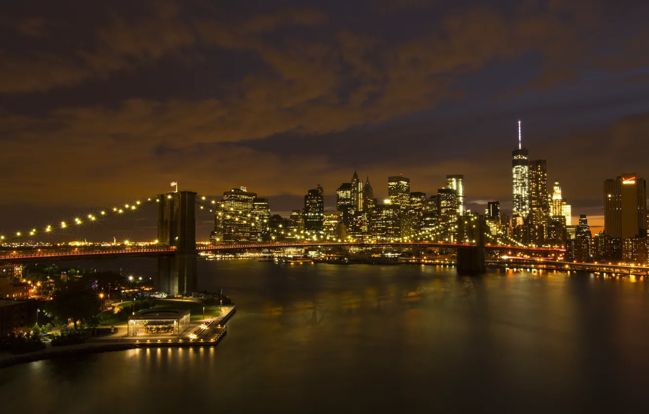 Фото обои небо, мост, огни, здания, Нью-Йорк, вечер, США