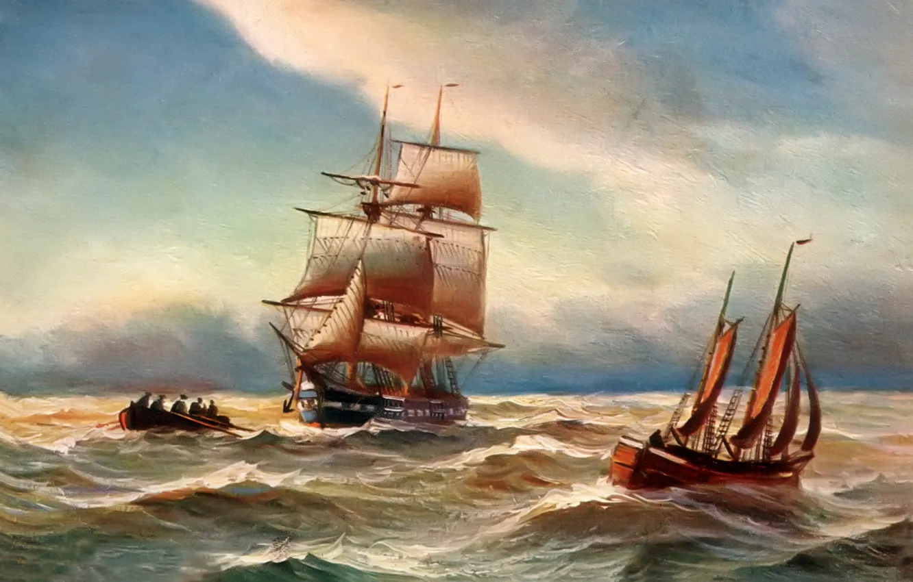 Фото обои море, волны, небо, пейзаж, шторм, люди, лодка, корабль