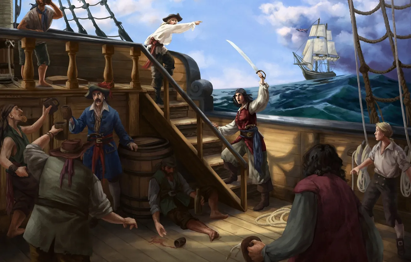 Фото обои море, корабль, арт, пираты, выпивка