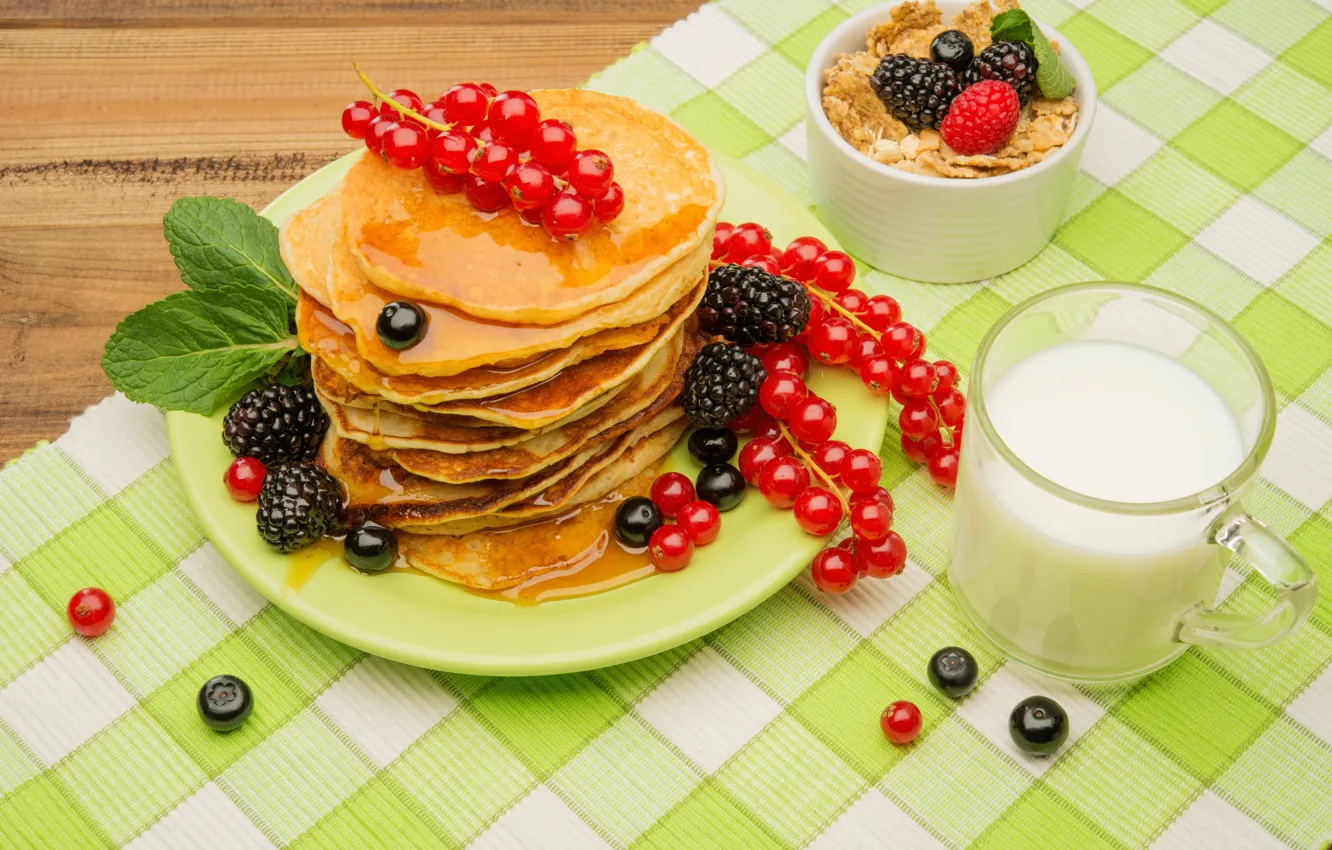 Фото обои ягоды, завтрак, мёд, блины, fresh, berries, breakfast, мюсли