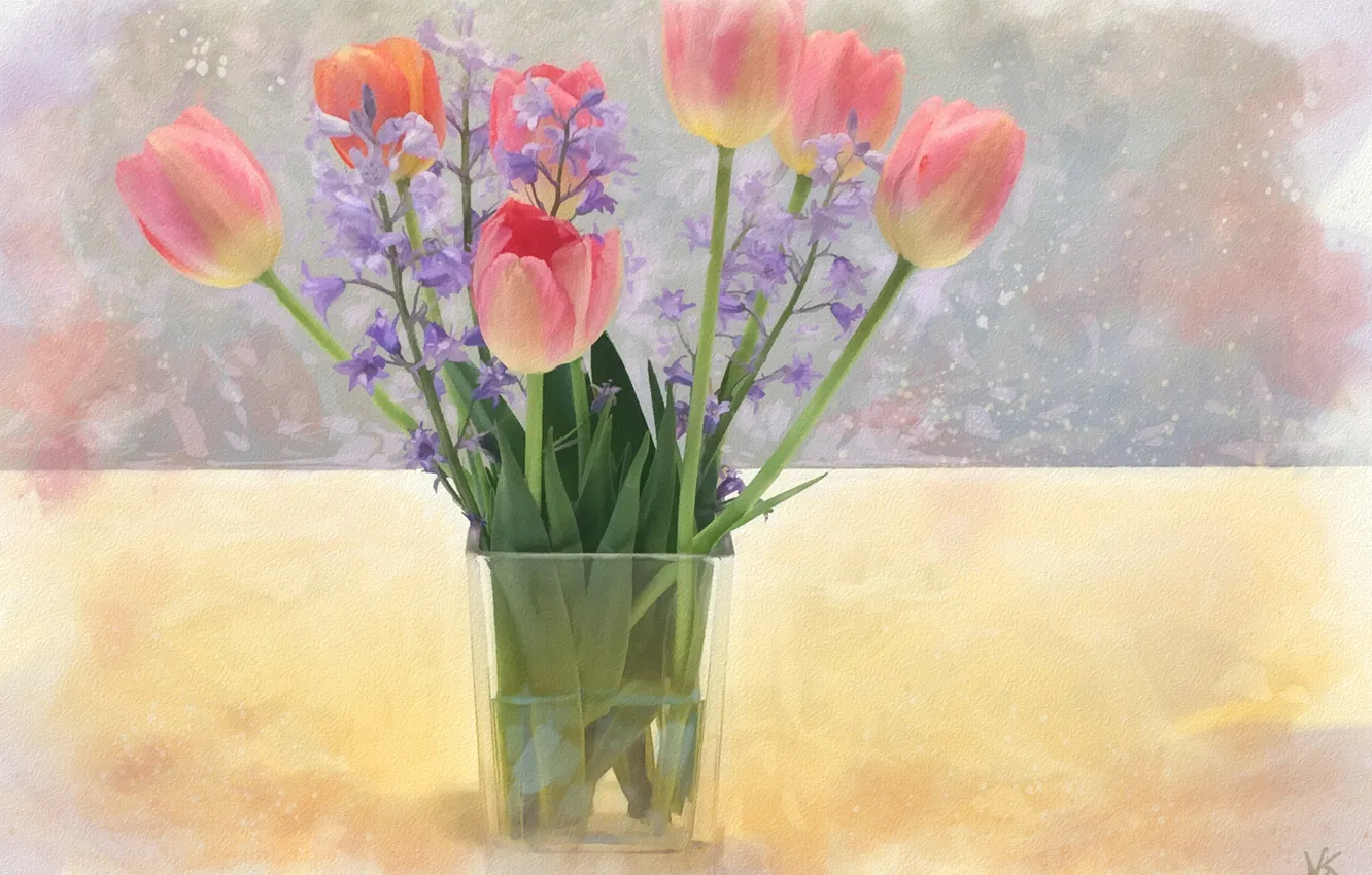Фото обои цветы, букет, тюльпаны, колокольчики