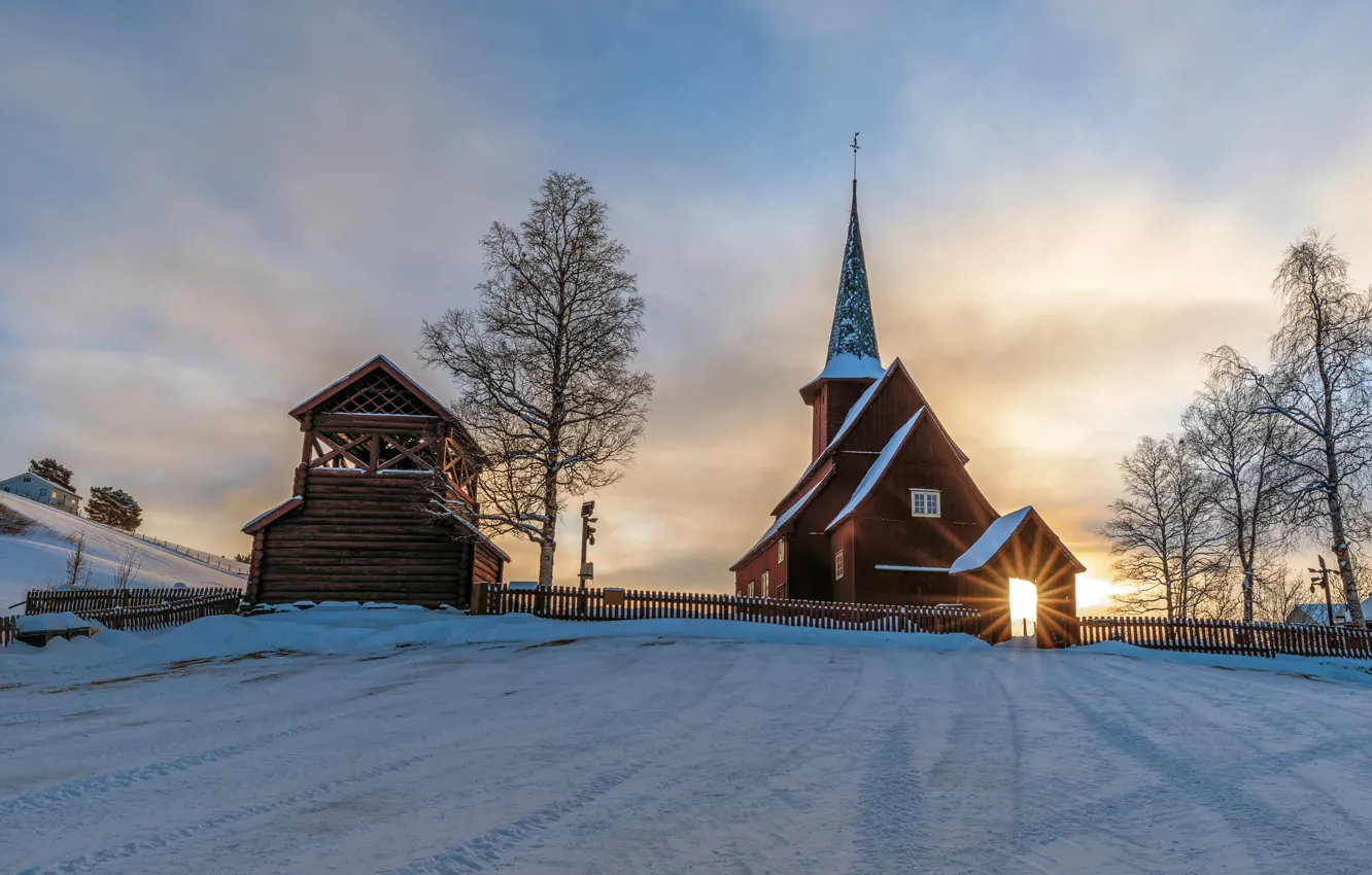 Фото обои вечер, Норвегия, церковь