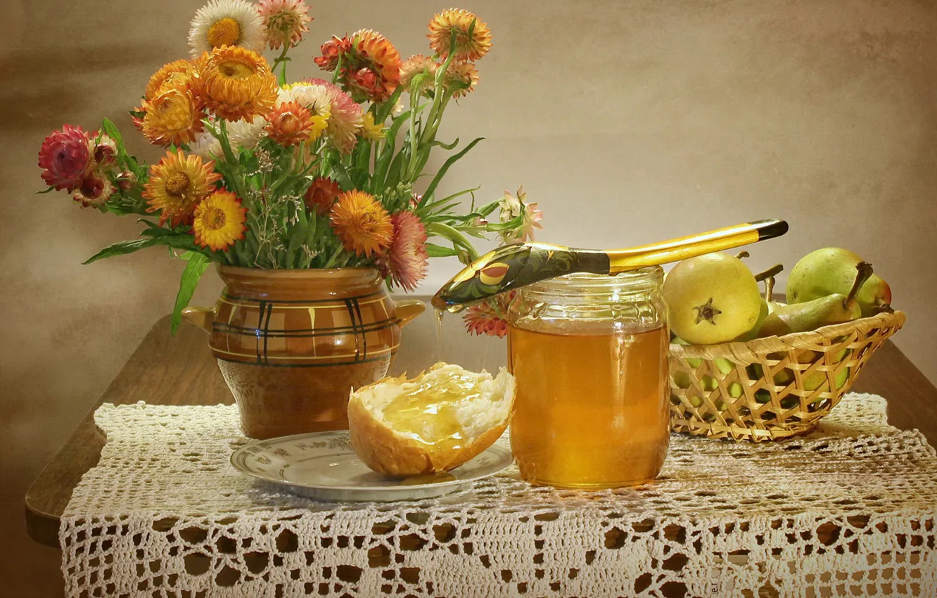Фото обои яблоки, тарелка, хлеб, ложка, банка, фрукты, натюрморт, мёд