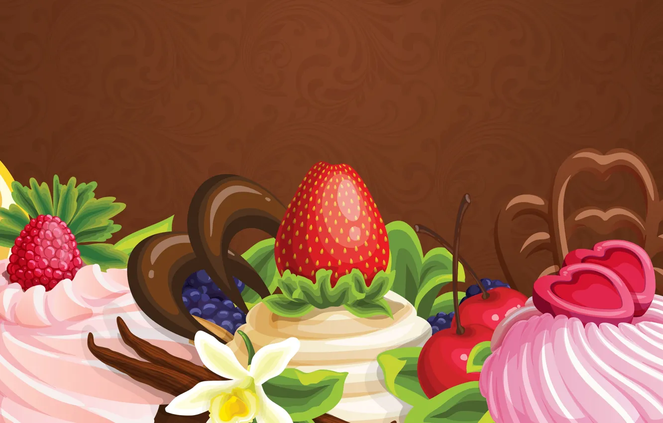 Фото обои цветы, абстракция, ягоды, сладость, шоколад, пирожное, фрукты, крем