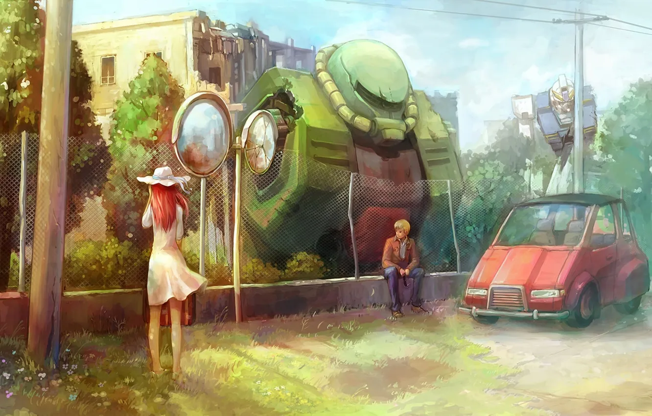 Фото обои машина, девушка, город, забор, здания, робот, шляпа, арт