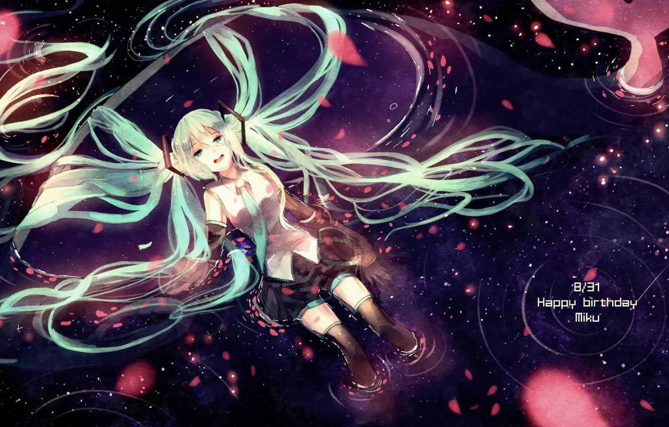 Фото обои вода, девушка, аниме, лепестки, арт, форма, vocaloid, hatsune miku