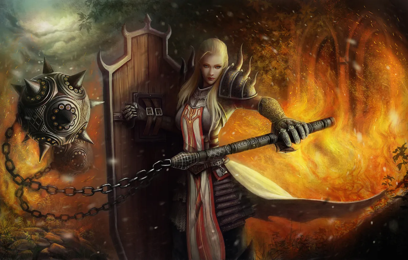 Фото обои девушка, огонь, блондинка, щит, Diablo 3, Reaper of Souls, Crusader, Diablo III Reaper of Souls