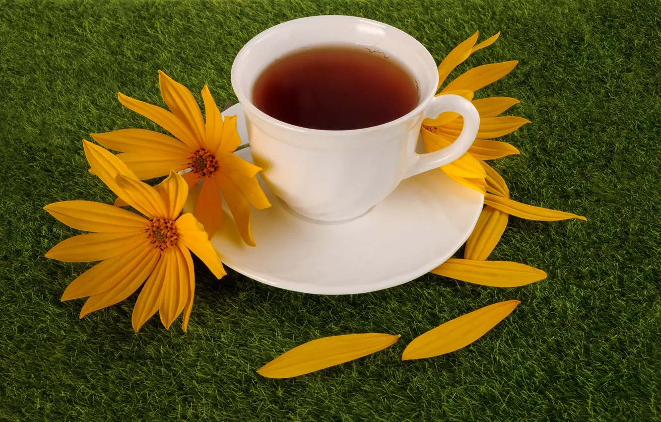Фото обои чай, чашка, цветки