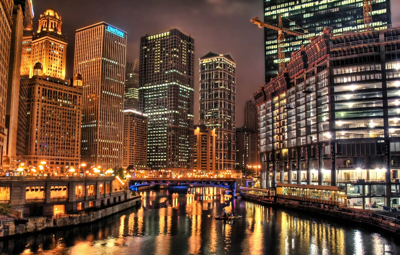 Фото обои Chicago, night, Lights, River