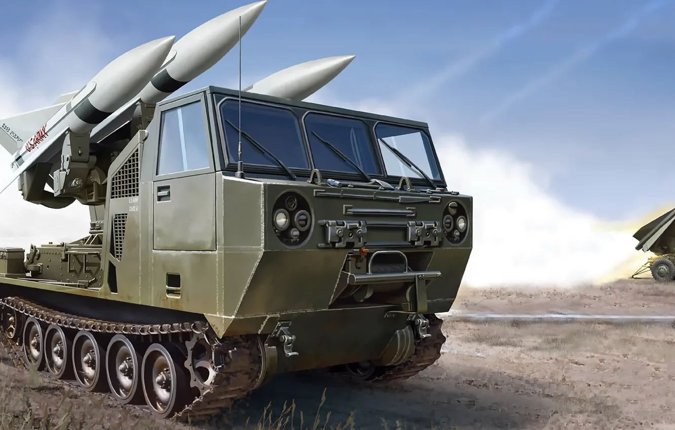 Фото обои MIM-23 Hawk, M727, мобильная пусковая установка Хок, американский войсковой зенитный ракетный комплекс, Homing All the …