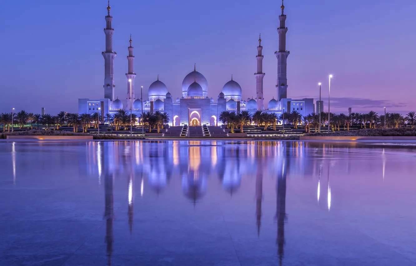 Фото обои вечер, Мечеть, фиолетовый свет, медресе