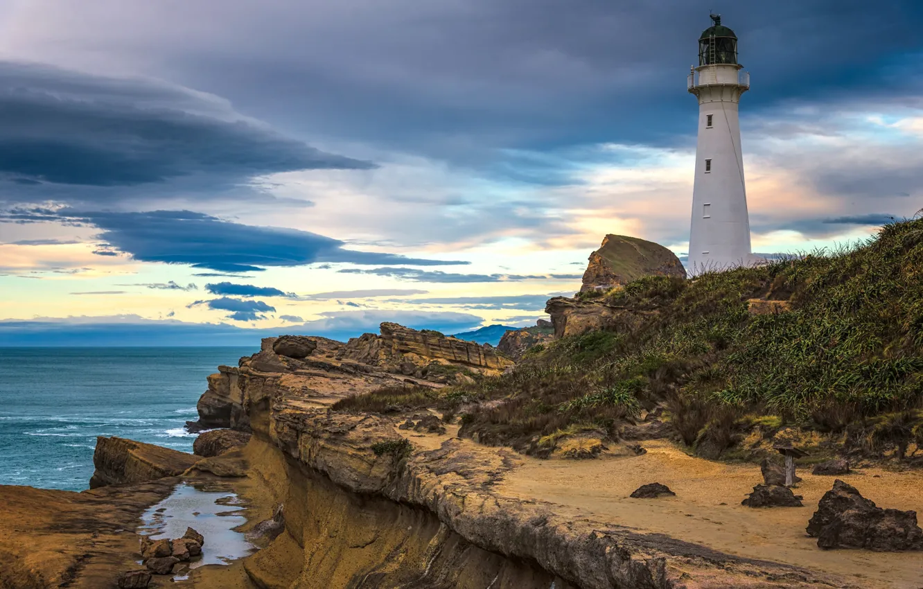 Фото обои скалы, побережье, маяк, Новая Зеландия, Castlepoint Lighthouse