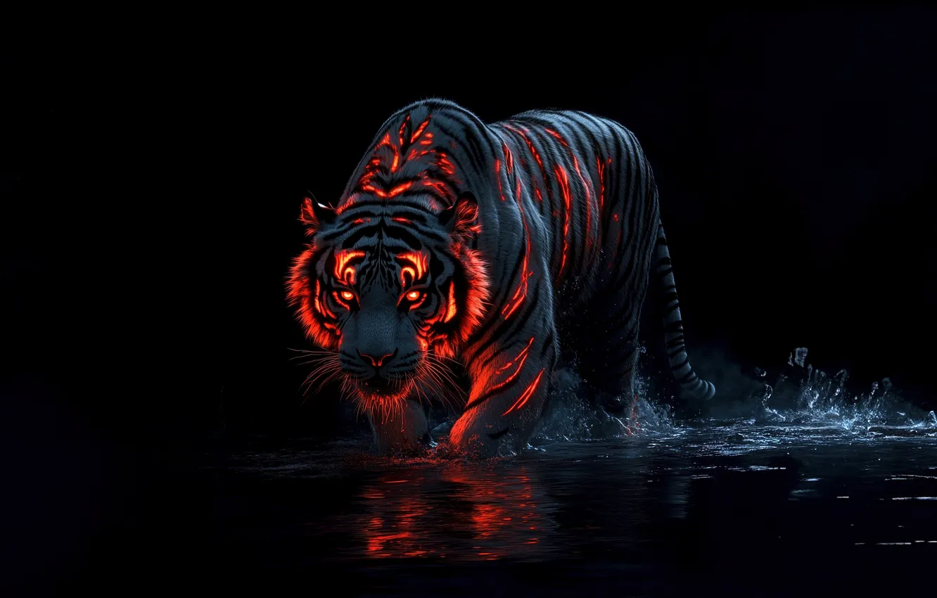 Фото обои Tiger, Water, Dope, Animals, Black background, AI art