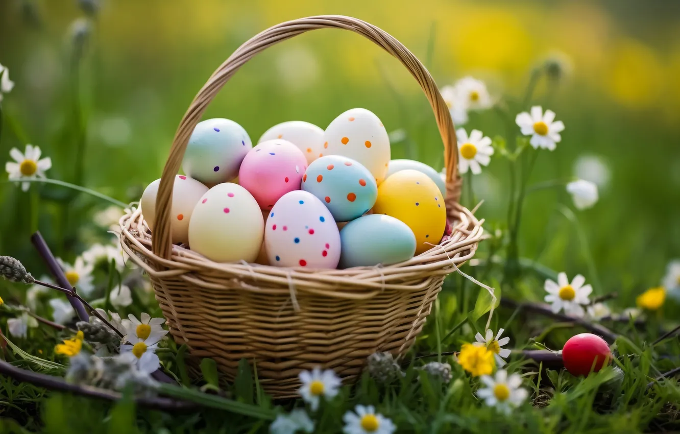 Фото обои цветы, корзина, поляна, яйца, весна, colorful, Пасха, happy