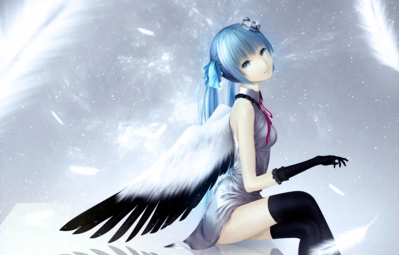 Фото обои крылья, ангел, чулки, перья, корона, арт, vocaloid, hatsune miku