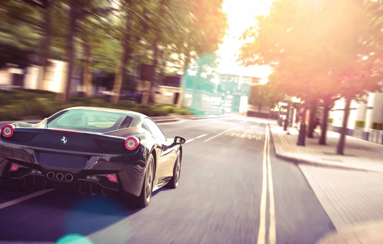 Фото обои солнце, блики, улица, чёрная, Ferrari, феррари, 458, Black