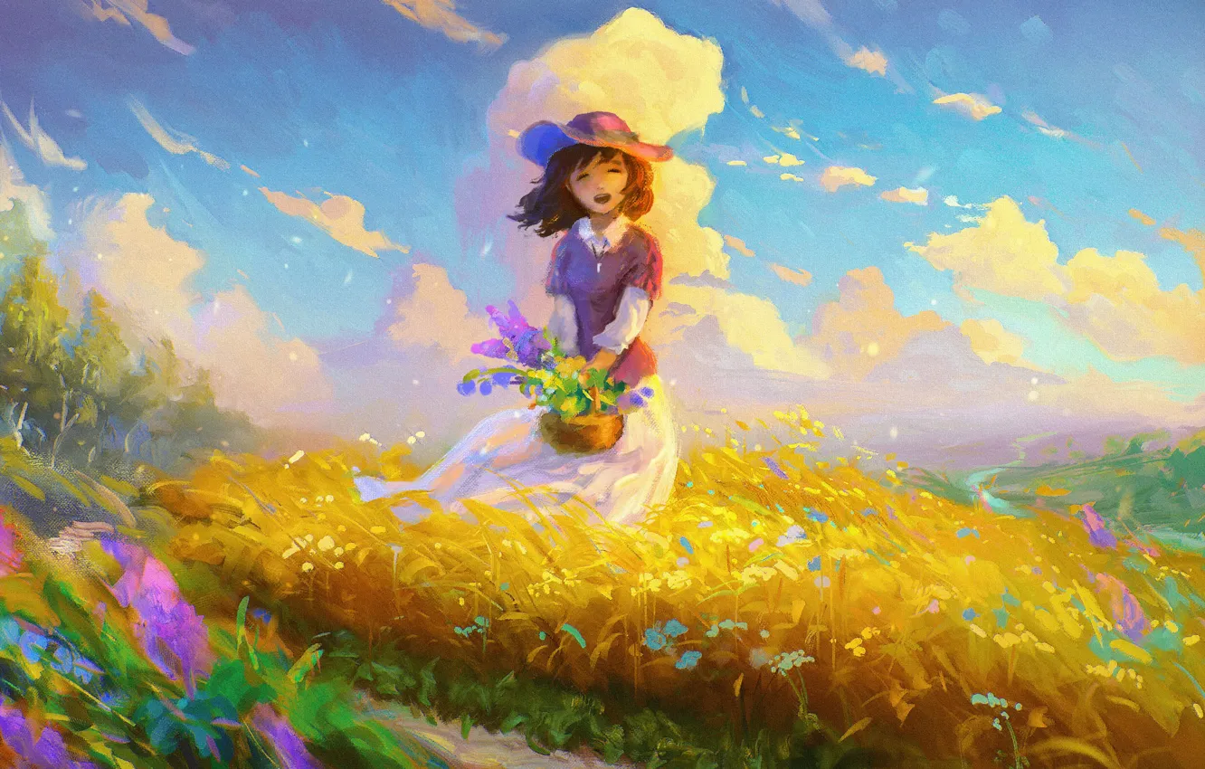 Фото обои поле, небо, облака, цветы, улыбка, настроение, ветер, шляпа