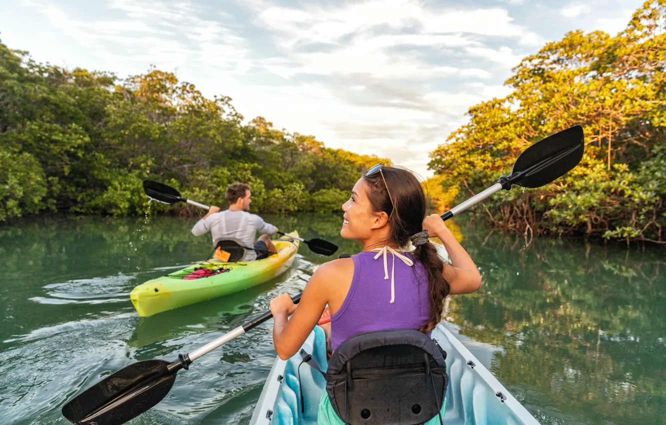 Фото обои Девушка, Флорида, Парень, Двое, Речка, Путешествие, Florida, Mangroves
