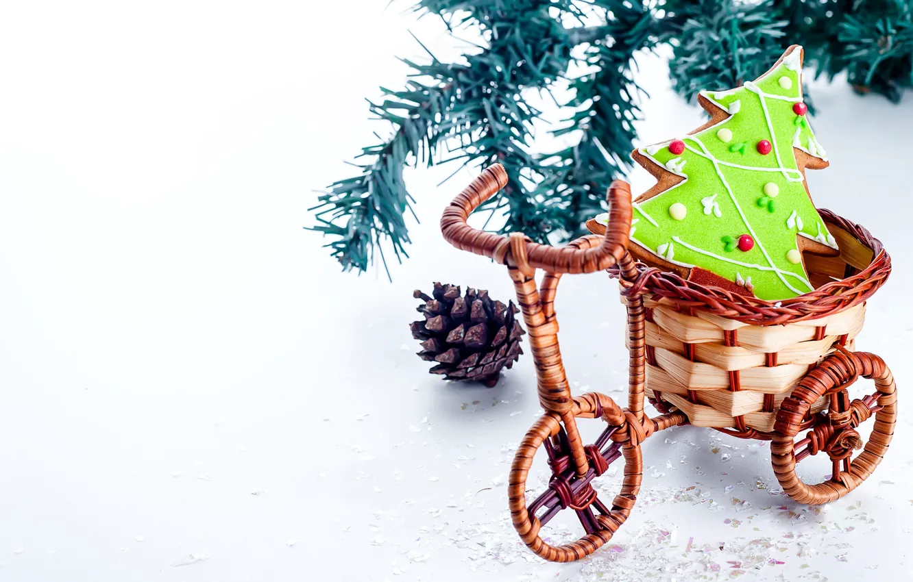 Фото обои велосипед, Новый Год, печенье, Рождество, Christmas, елочка, New Year, плетеный