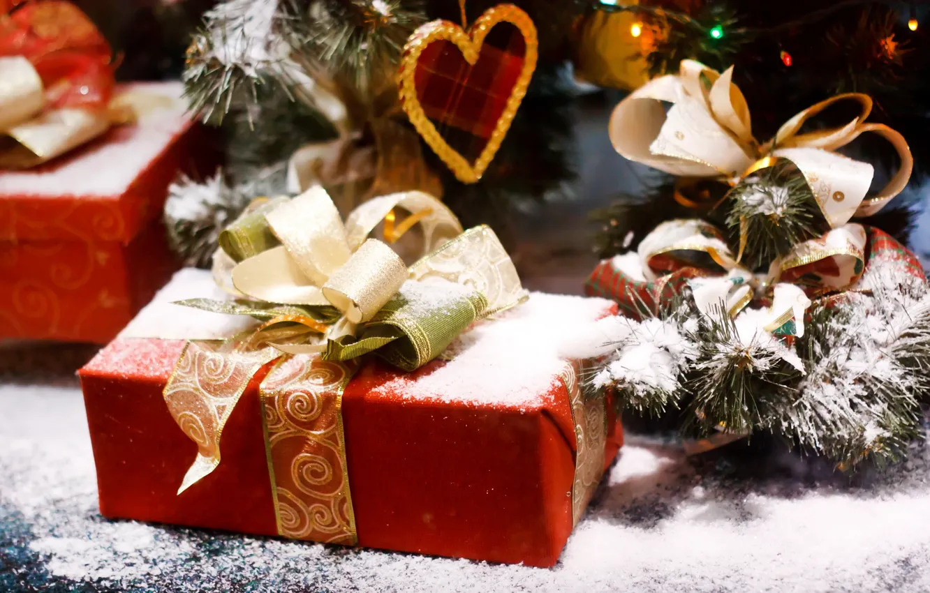 Фото обои снег, праздник, коробка, подарок, елка, новый год, ель, лента