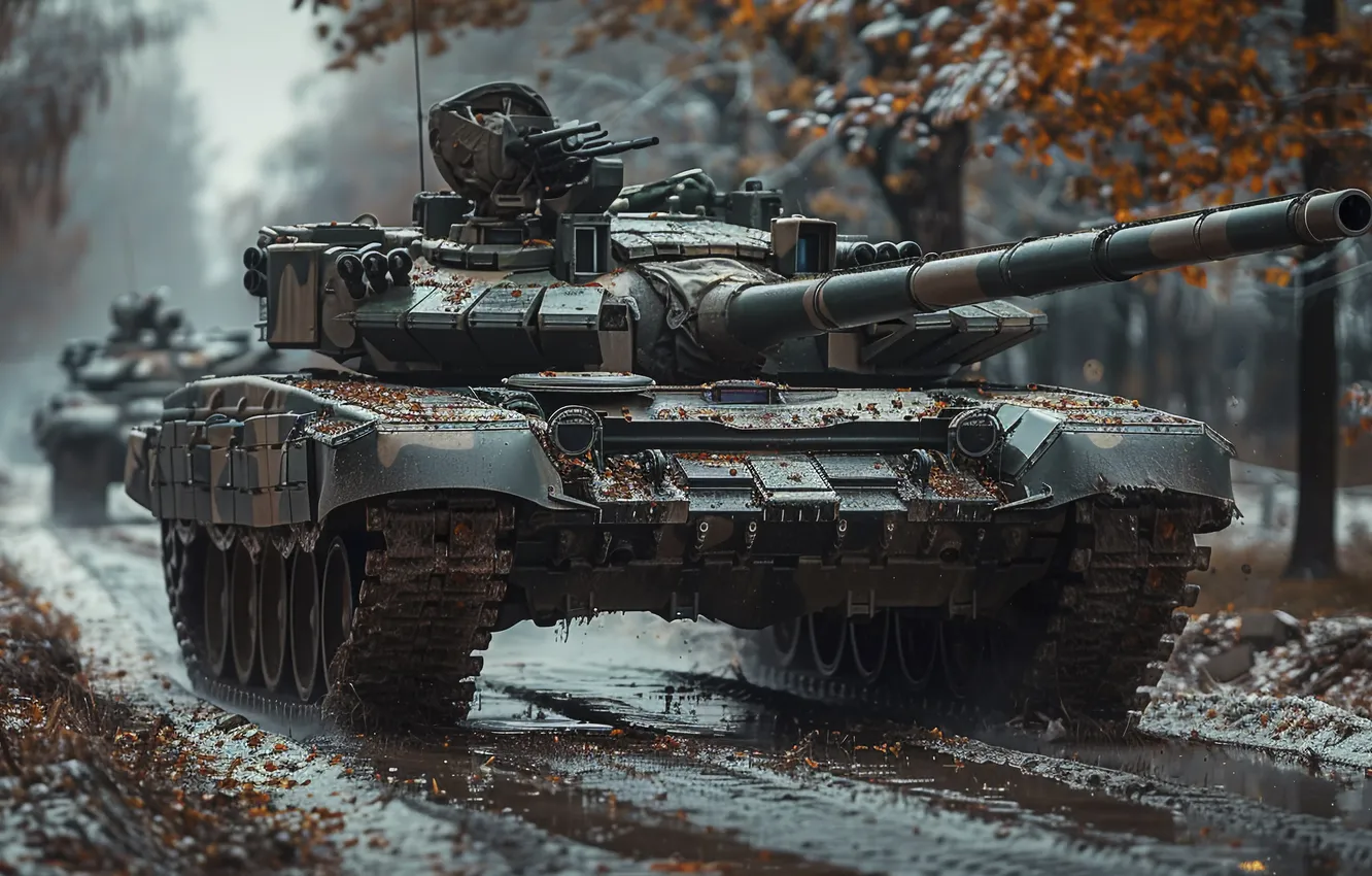 Фото обои Дорога, Деревья, Грязь, Танки, Цифровое искусство, ИИ-арт, Искусство искусственного интеллекта, Нейросеть