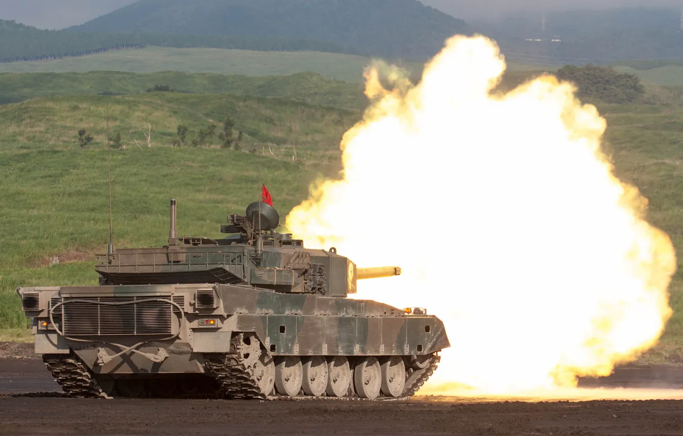 Фото обои огонь, танк, боевой, японский, Тип 90