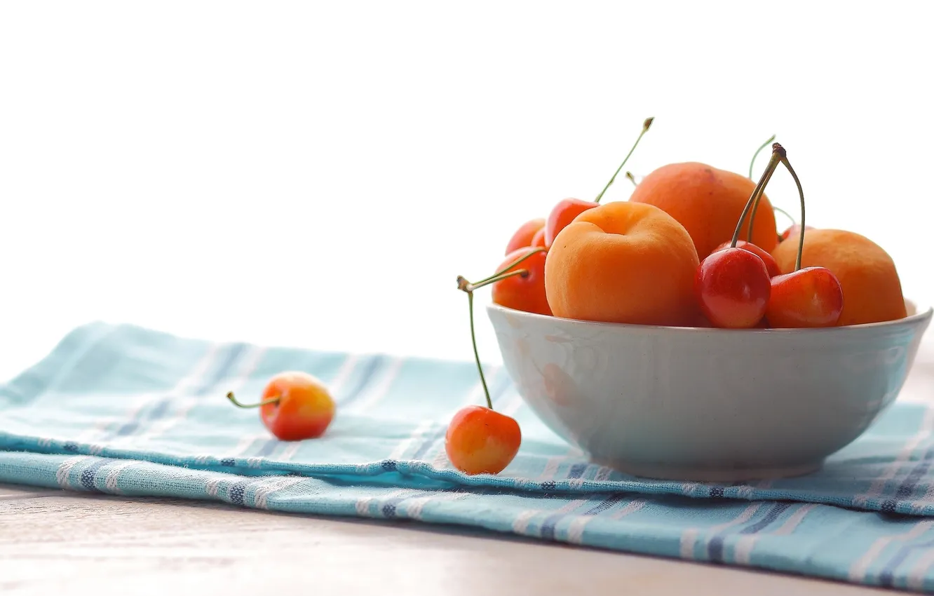 Фото обои ягоды, тарелка, фрукты, черешня, абрикосы