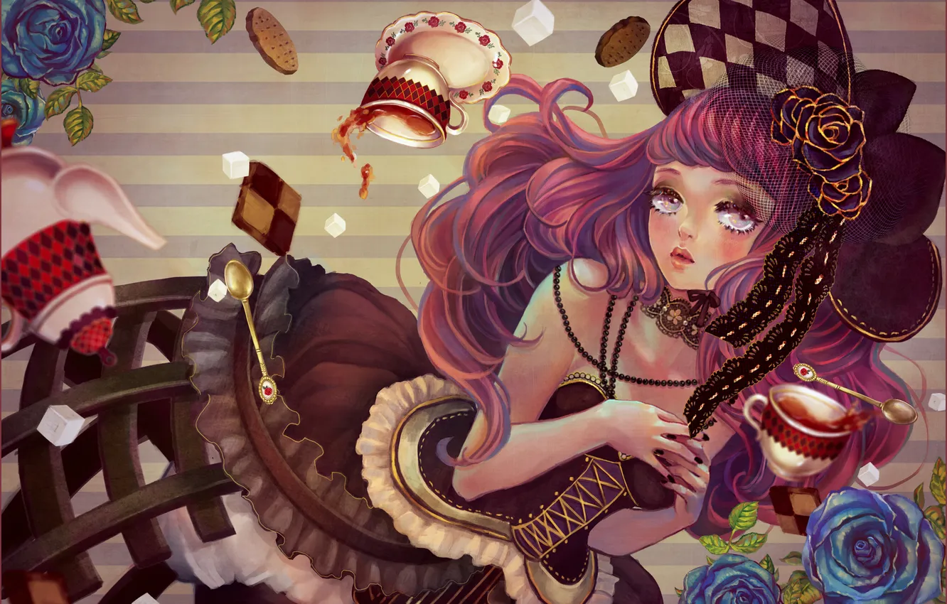 Фото обои девушка, полосы, чай, розы, печенье, арт, сахар, кружки
