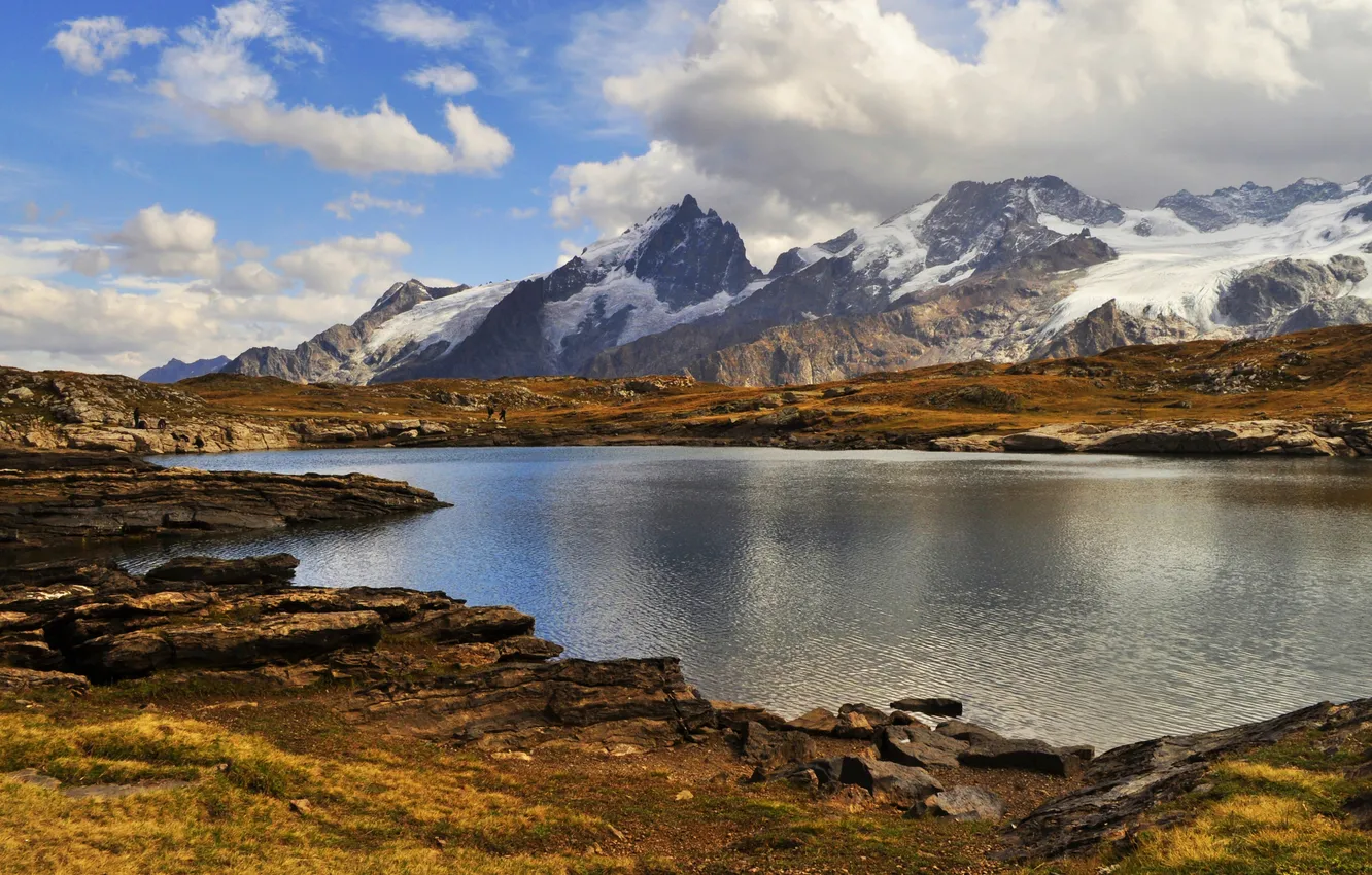Фото обои осень, трава, облака, горы, озеро, скалы