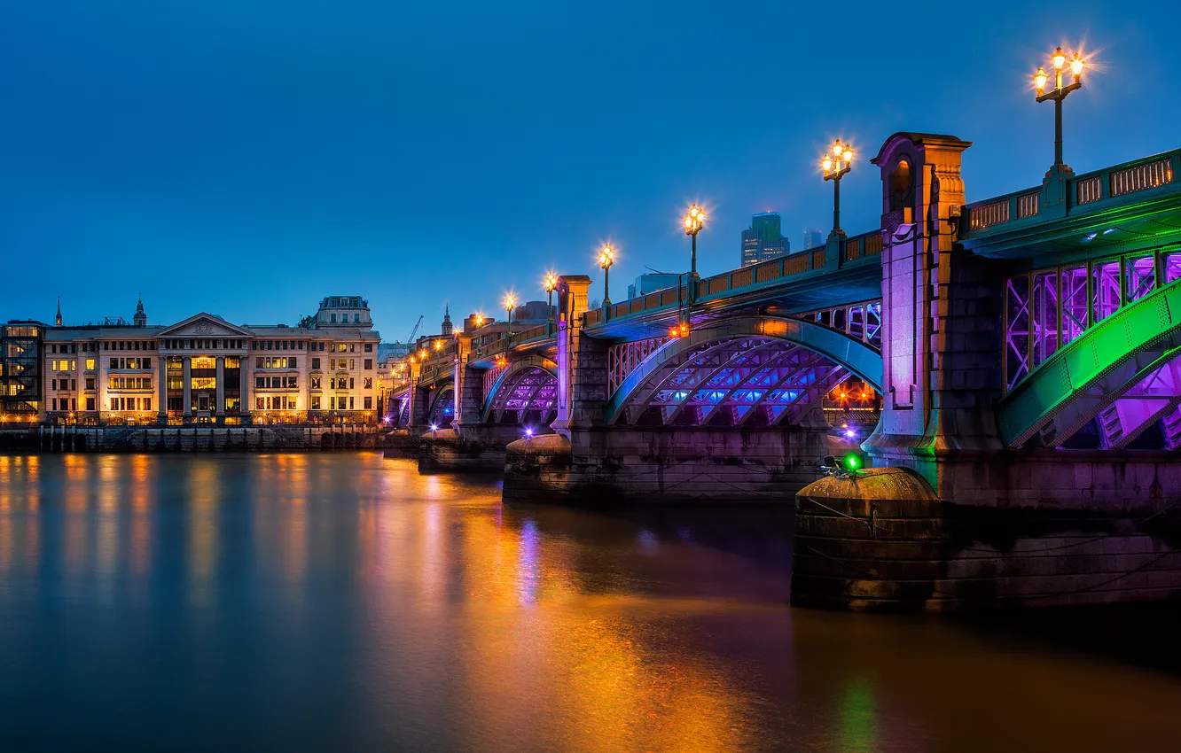 Фото обои ночь, мост, река, Англия, Лондон, вечер, освещение, подсветка