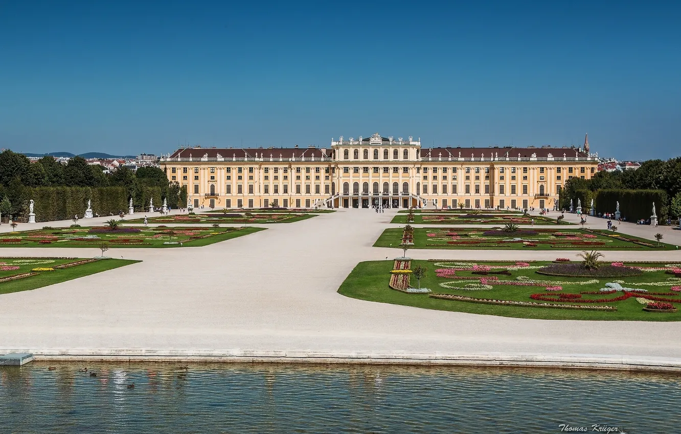 Фото обои вода, Австрия, статуи, клумбы, Austria, Вена, Vienna, Schonbrunn Palace