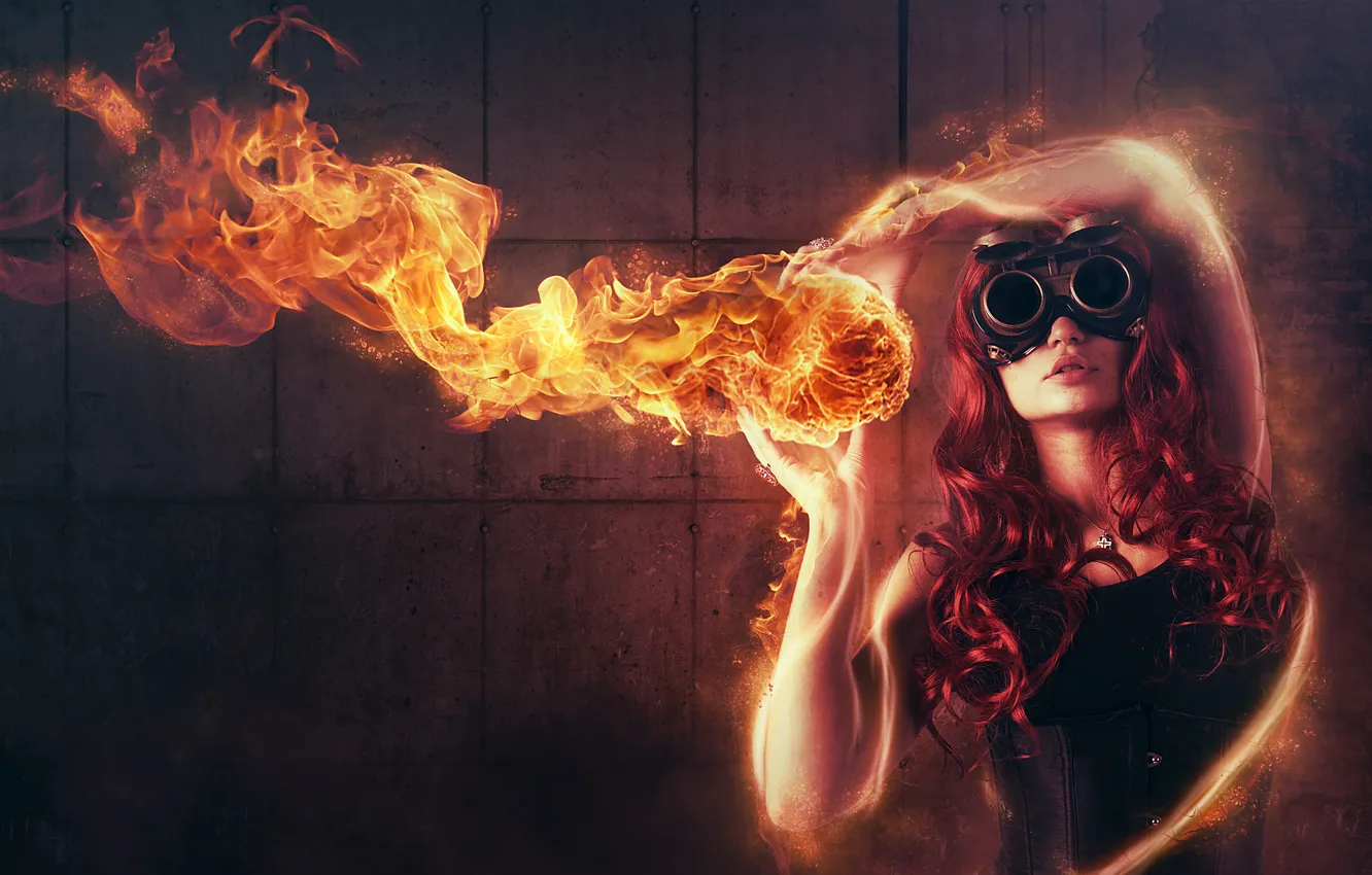 Фото обои девушка, абстракция, огонь, очки, рыжая