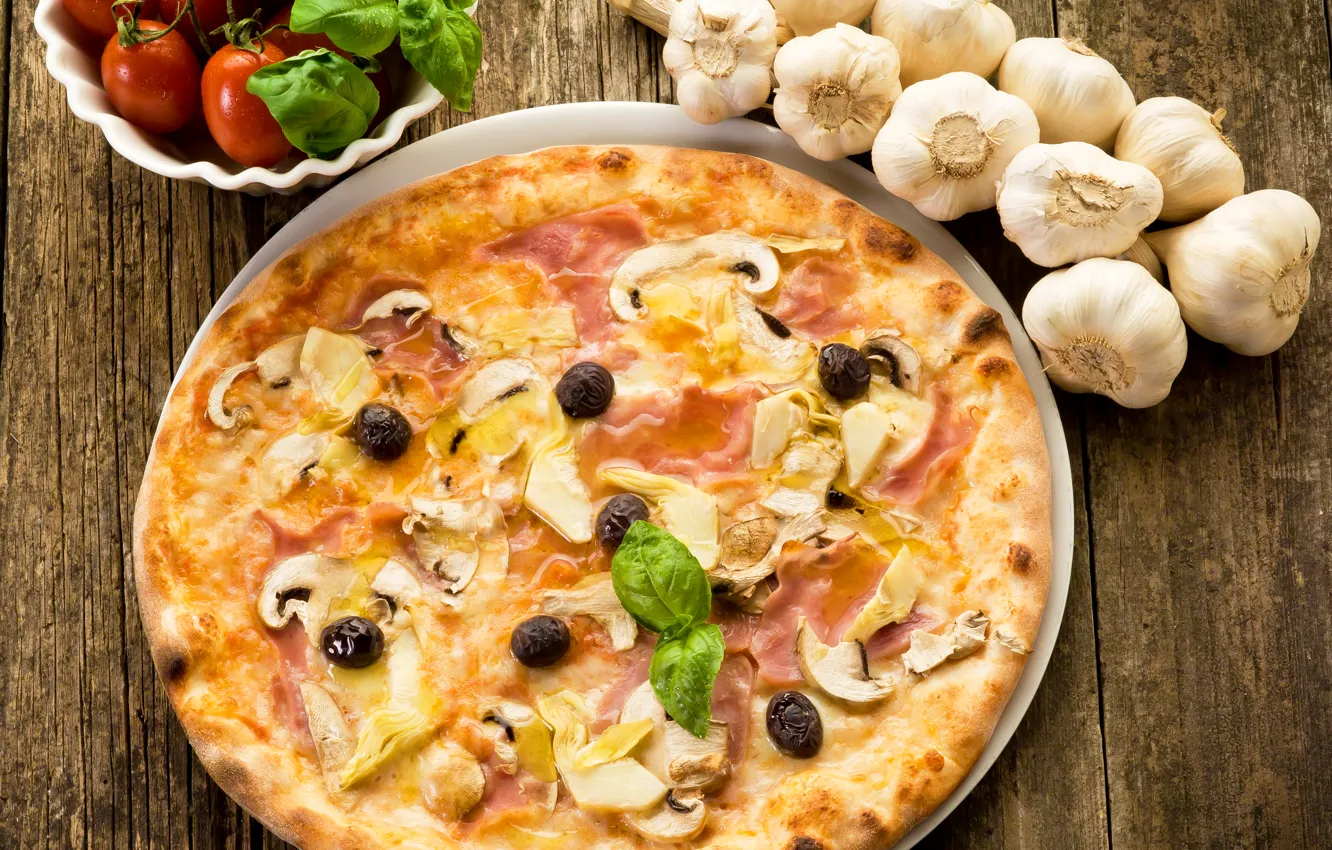 Фото обои грибы, сыр, пицца, помидоры, оливки, mushrooms, cheese, ветчина