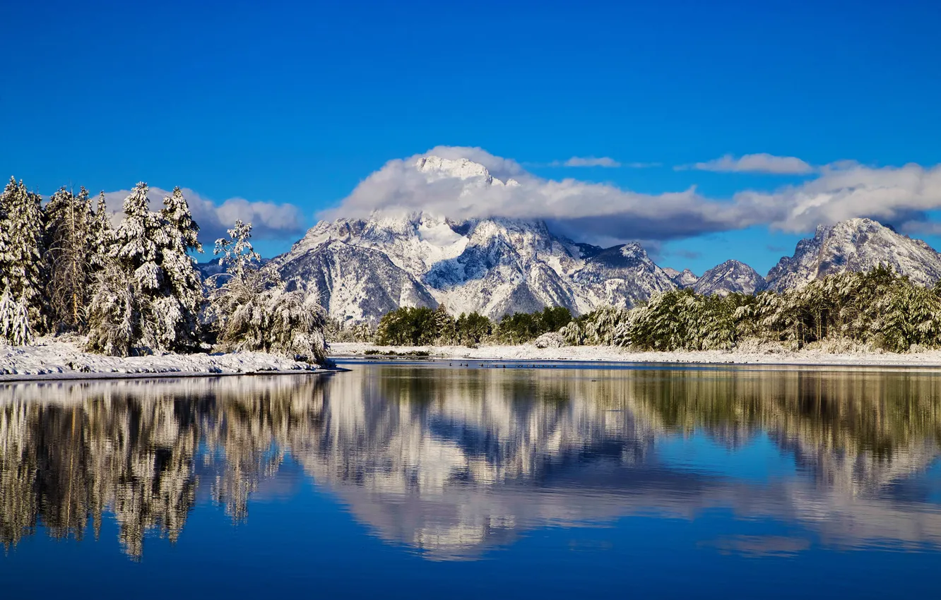 Фото обои зима, облака, горы, отражение, река, Вайоминг, Wyoming, Grand Teton National Park