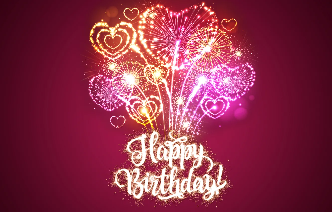 Фото обои салют, Happy Birthday, pink, hearts, fireworks, sparkle, День Рождения, design by Marika