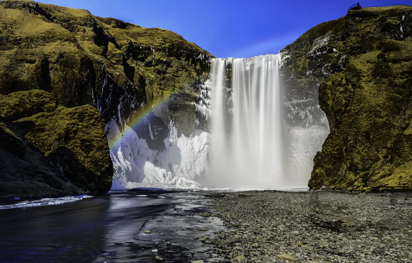 Фото обои река, скалы, радуга, Исландия, Iceland, водопад Скогафосс, Skogafoss