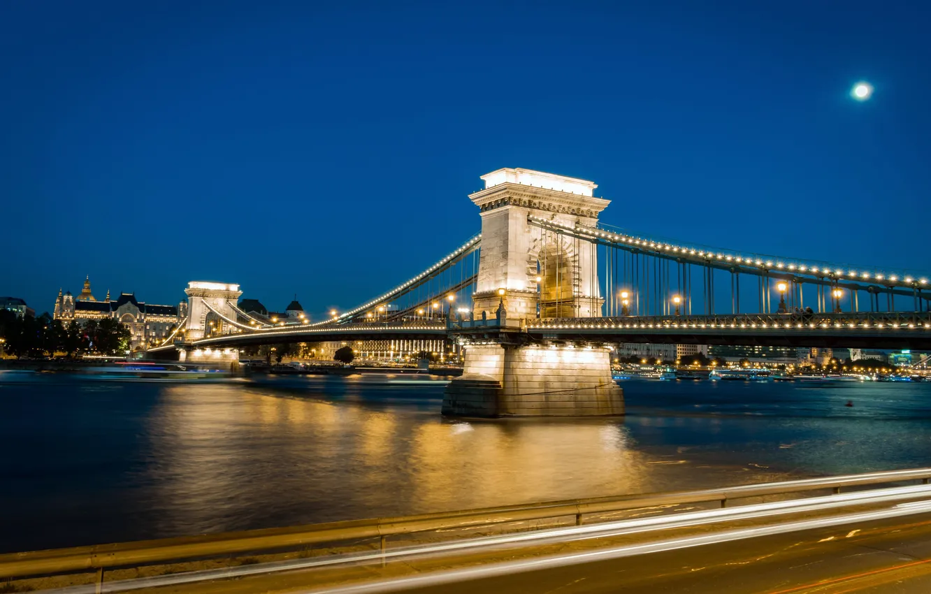 Фото обои Ночь, Night, Венгрия, Hungary, Будапешт, Budapest, Цепной мост Сечени, Szechenyi Chain Bridge