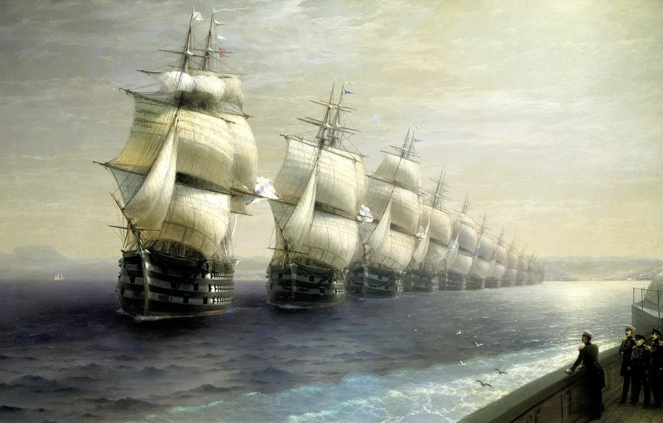 Фото обои море, живопись, Айвазовский Иван, смотр войск черноморского флота в 1849 году