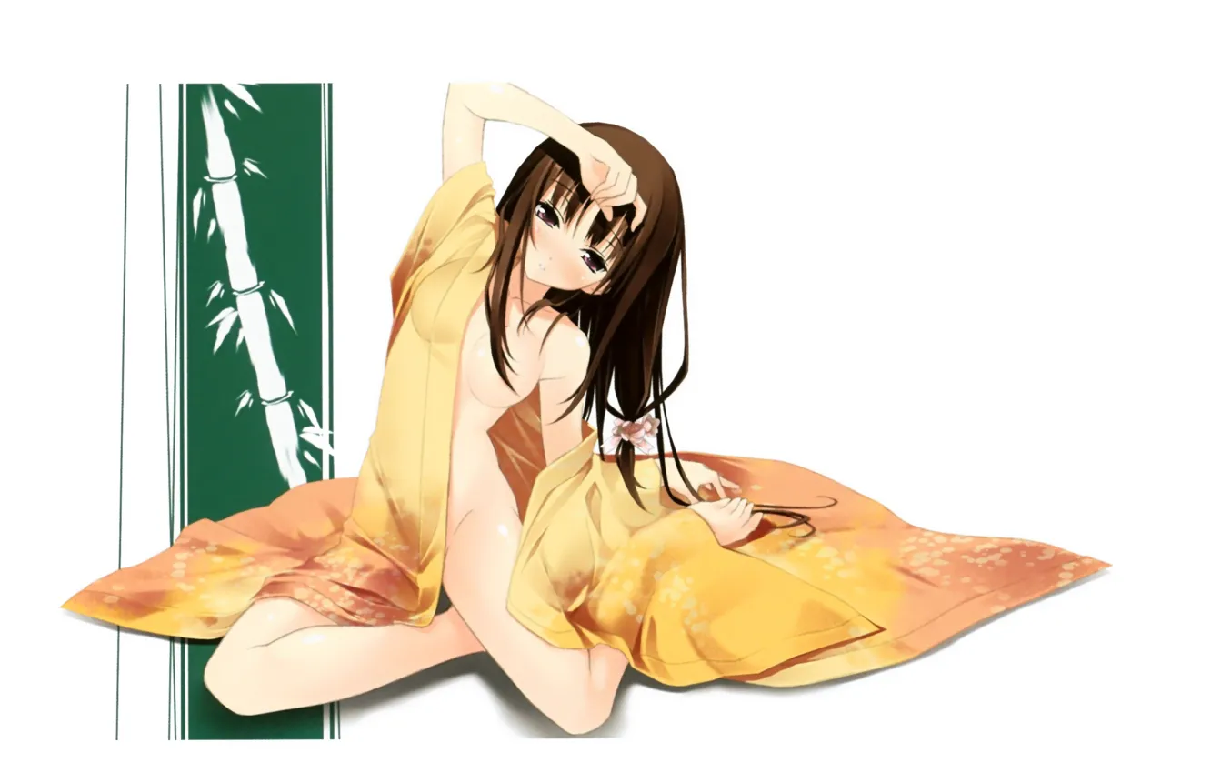 Фото обои бамбук, девочка, кимоно, сидит на полу, рука на голове, by Kantoku