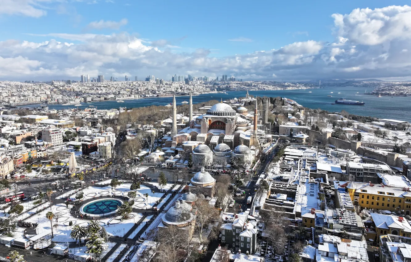Фото обои snow, turkey, istanbul, bosphorus, hagia sophia