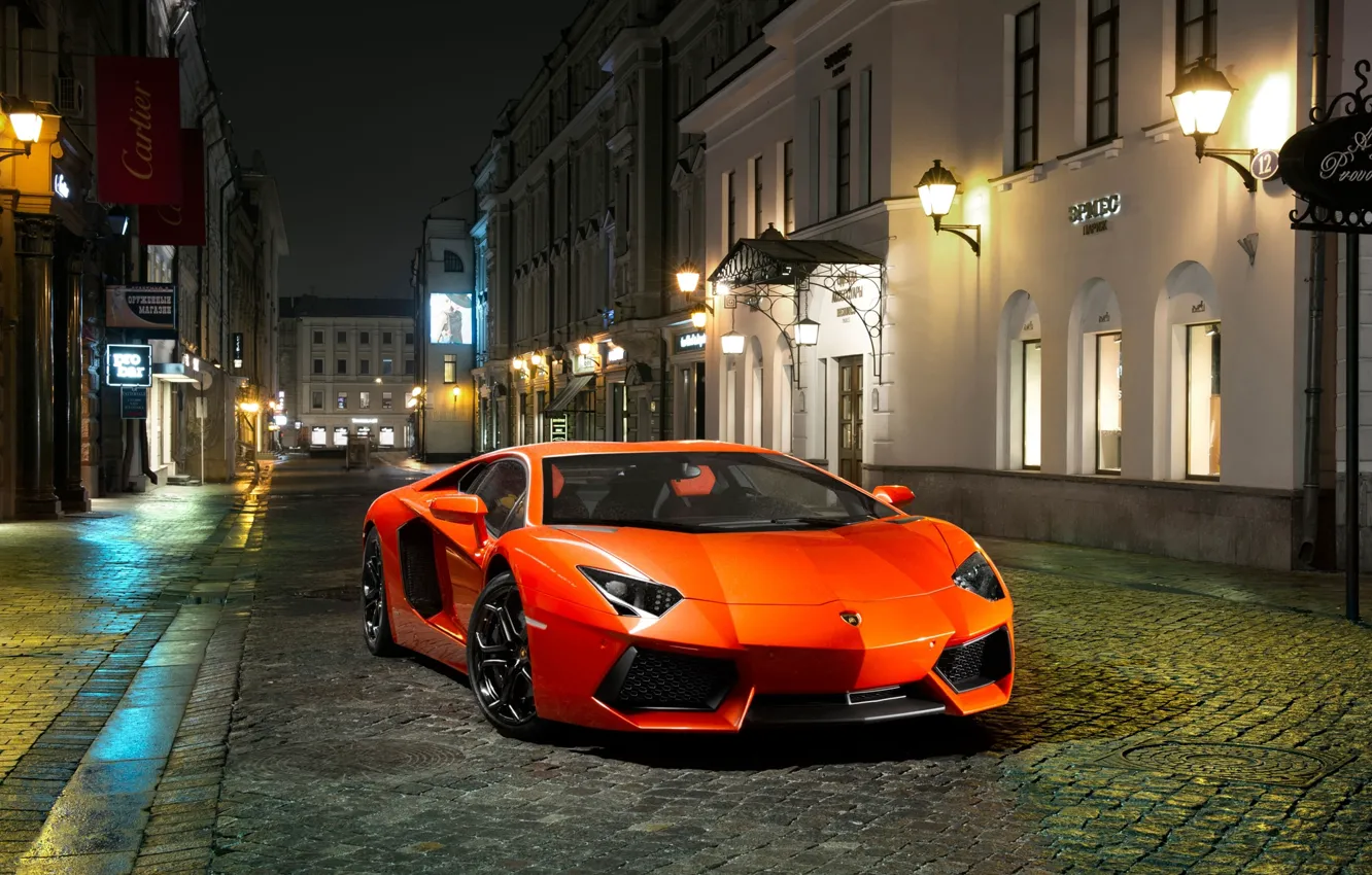 Фото обои Ночь, Lamborghini, Улица, Оранжевый, Здания, LP700-4, Aventador, Передок