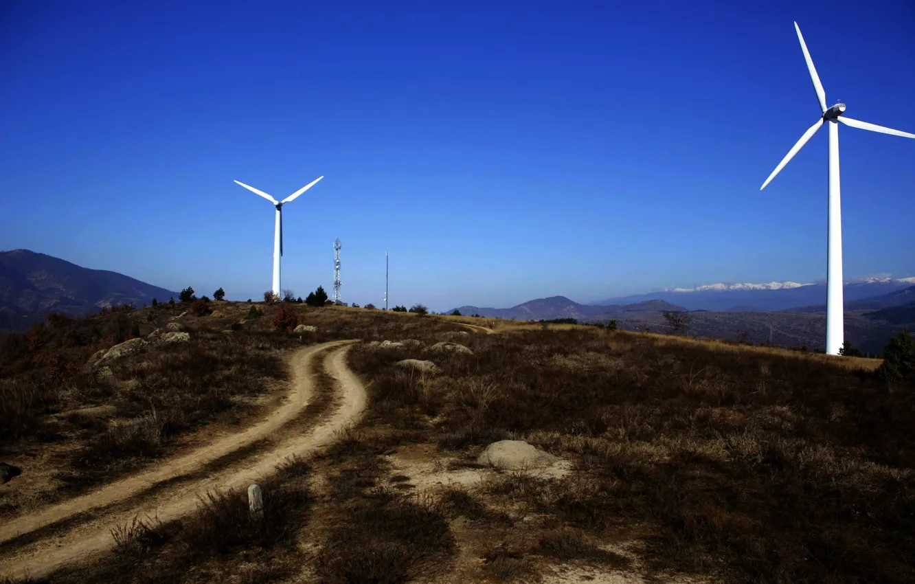 Фото обои sky, Europe, hill, Bulgaria, wind turbines, turbines, Stara Kresna, Blagoevgrad Province