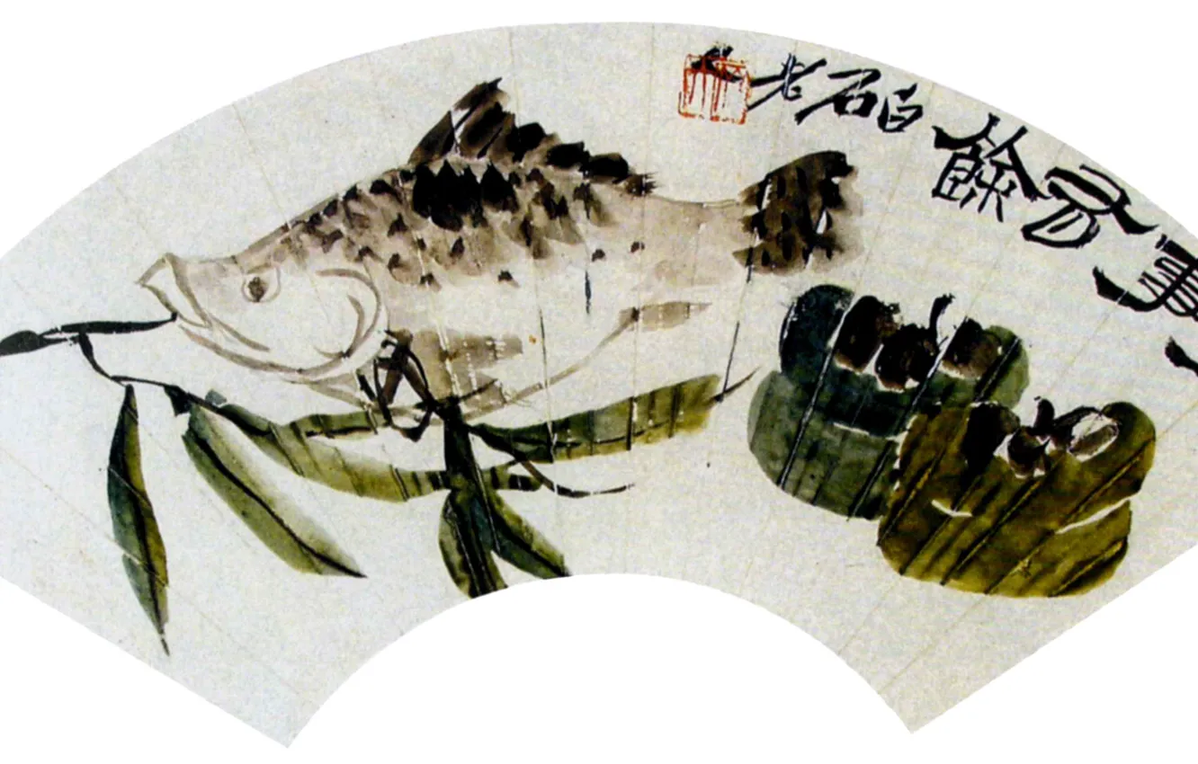 Фото обои рыба, веер, белый фон, китайская живопись, Ци Бай-ши